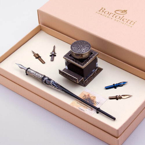 Top Bortoletti Murano Glass Oblique Calligraphy Pen with Bronze Nib Holder Set - Includes Ink and 3 Nibs - SET27