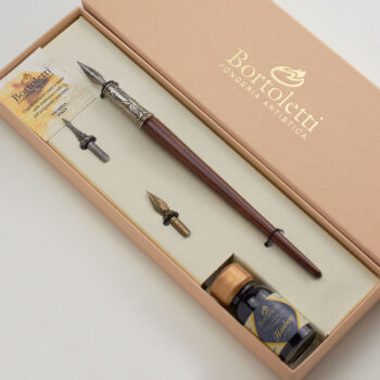 Gift calligraphy set with wooden pen and bronze details handcrafted in Italy