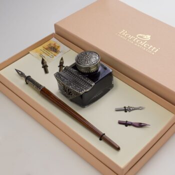 Set penna e calamaio in legno e bronzo con pennini