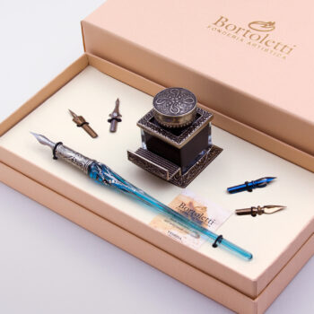 Set scrittura con penna in vetro di Murano e calamaio in bronzo