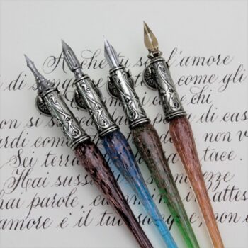 Élégant ensemble de calligraphie comprenant un stylo en verre de Murano et en bronze, fabriqué artisanalement en Italie