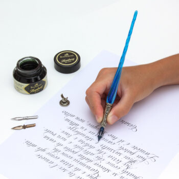 Set calligrafia artigianale con penna in vetro di Murano e bronzo realizzato a mano in Italia