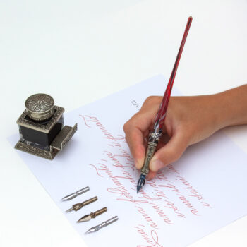 Set scrittura con penna in vetro di Murano e calamaio in bronzo
