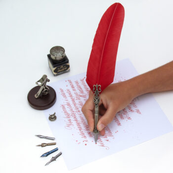 Set penna d’oca con calamaio e quattro pennini calligrafici