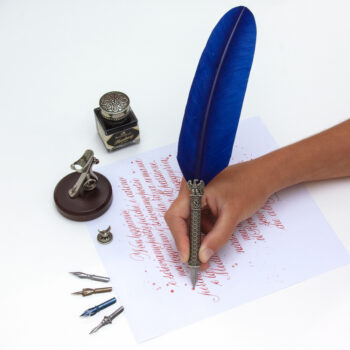 Penna d’oca calligrafica Napoleone con calamaio e pennini