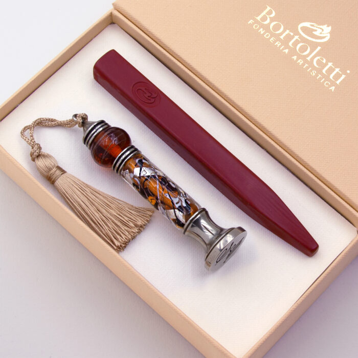 Sceau en cire à cacheter, verre de Murano, feuille d'argent