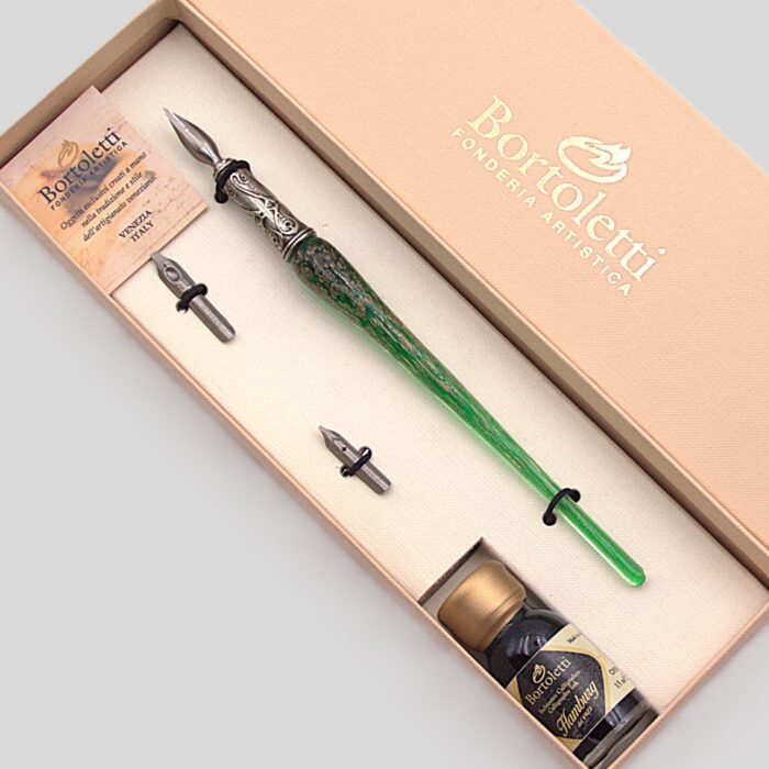 Set calligrafia elegante con penna in vetro di Murano e bronzo realizzato artigianalmente in Italia